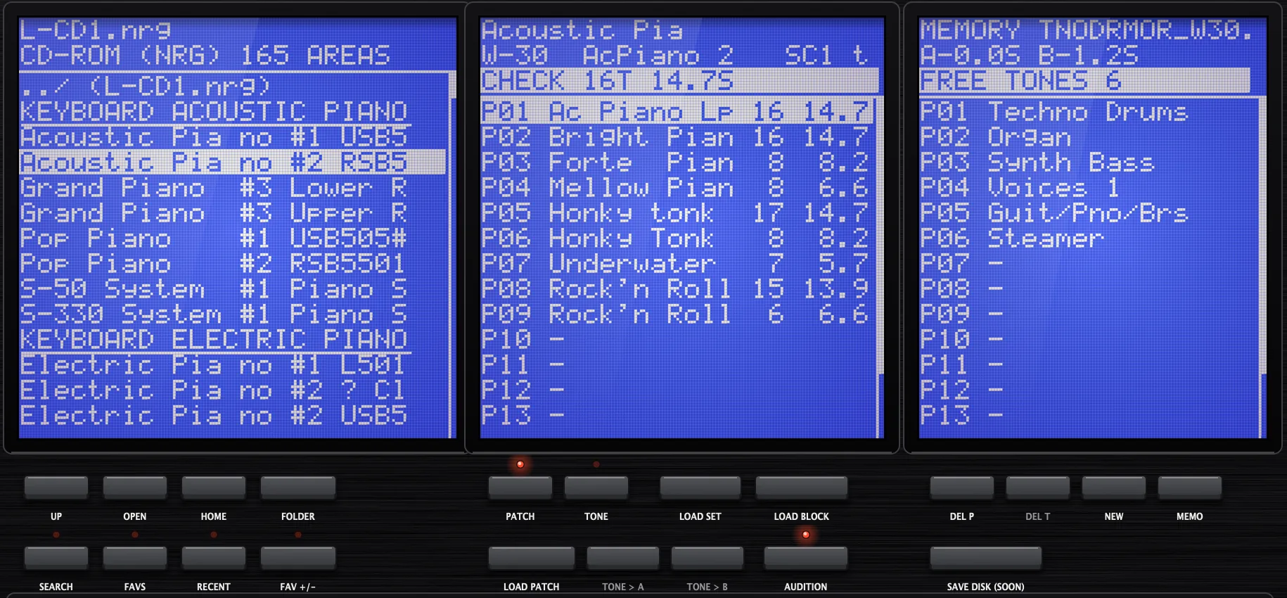 Disk library with three screens: a CD-ROM browser listing piano areas, the selected disk's patches with tone counts and sizes, and the current memory.