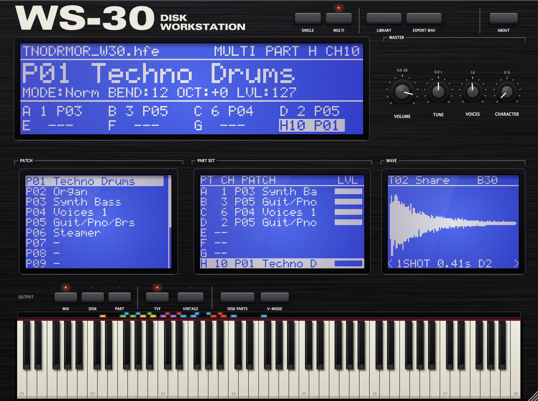 The WS-30 Player panel: a large blue LCD showing patch P01 Techno Drums in Multi mode, patch list, part set and waveform screens, master knobs and a five-octave keyboard with coloured zone LEDs.