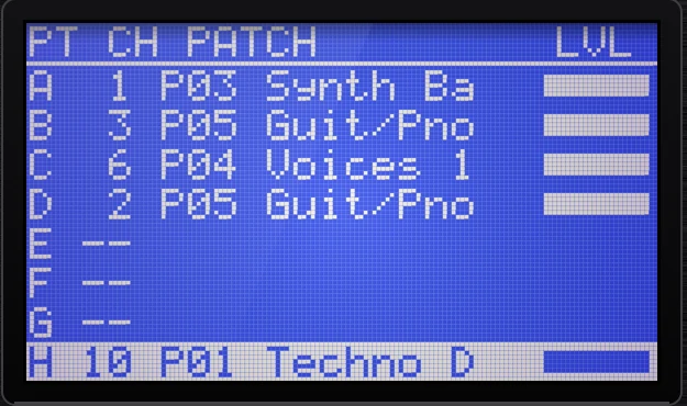 Part Set screen listing parts A to H with MIDI channel, patch and level bars.