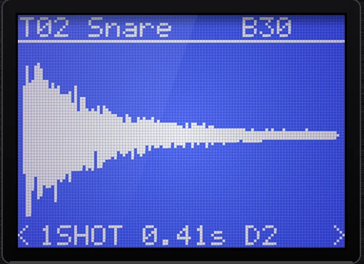 Wave screen showing tone T02 Snare, a one-shot sample of 0.41 seconds rooted at D2.